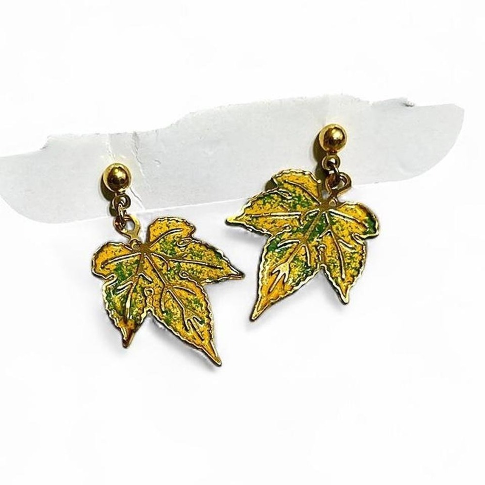 vintage green and yellow maple leaf dangle earrings